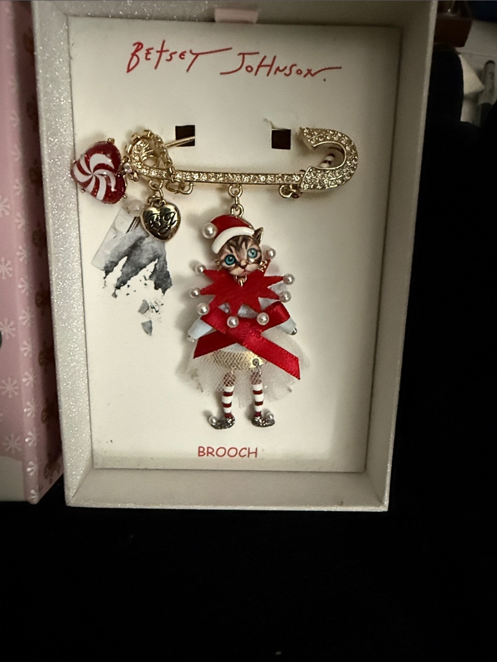 Betsey Johnson Red and Gold Holiday Cat Brooch Pin